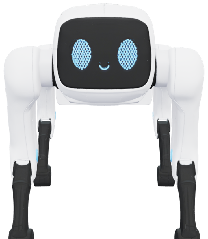 Fahoom, a friendly white robot dog with glowing cyan eyes