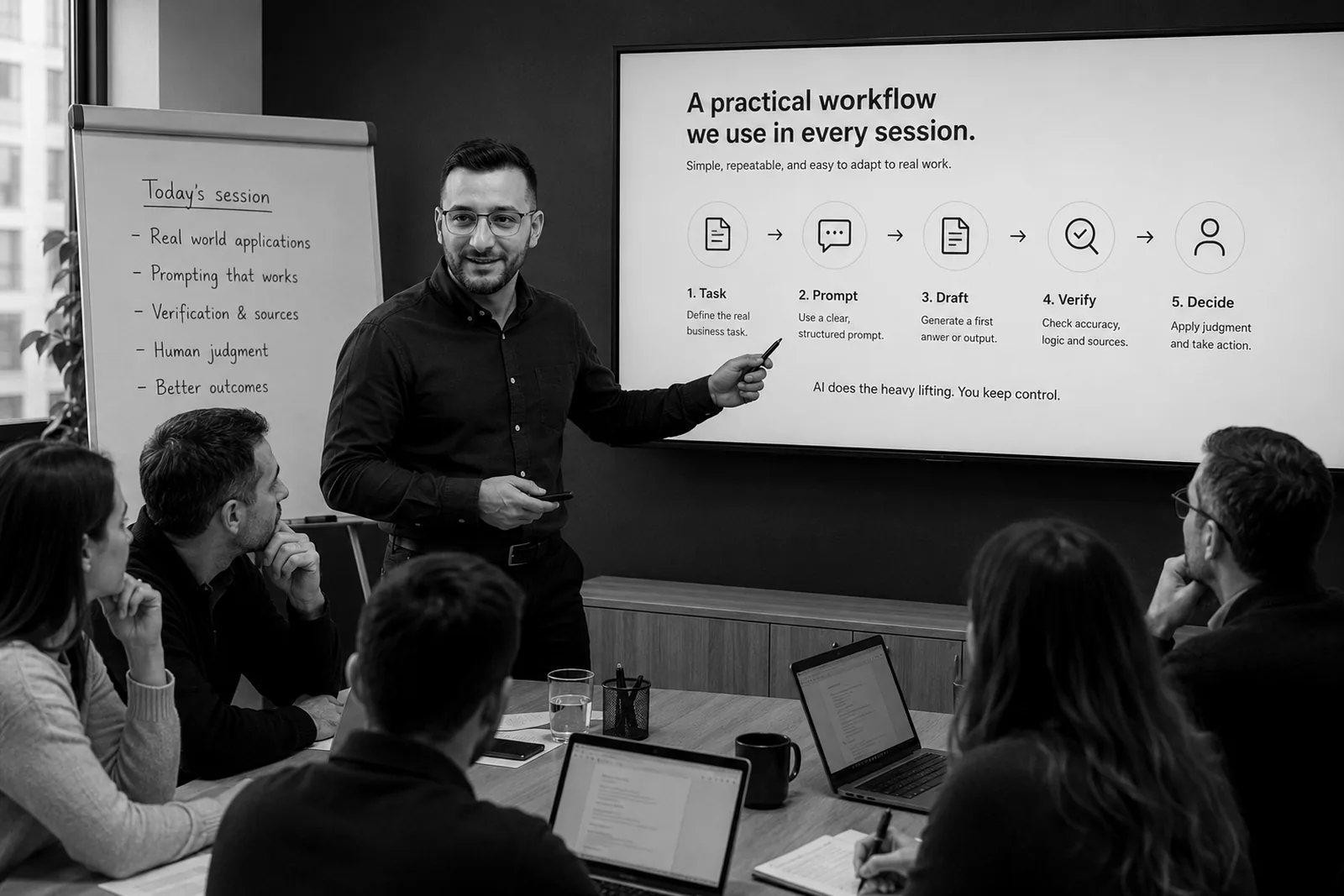 A Jeel facilitator walks a team through the Task, Prompt, Draft, Verify, Decide workflow on a meeting-room screen.